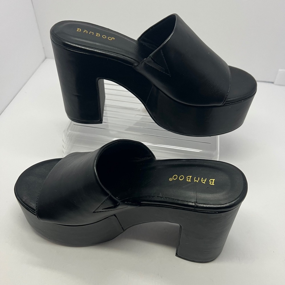 BAMBOO Platform Slide Sandals Womens 7.5 Black Chunky Block Heel Mule Y2K